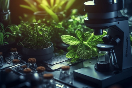 illustration of green plants on a table next to microscope in a lab with Generative AIの素材