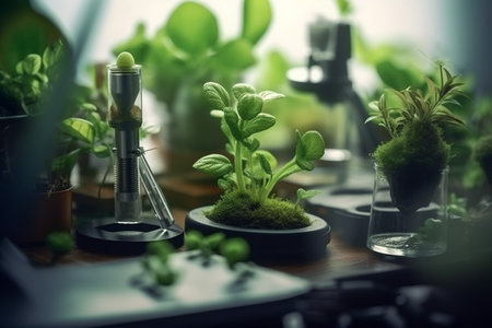 illustration of green plants on a table next to microscope in a lab with Generative AIの素材