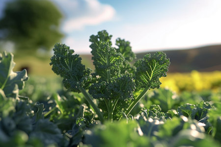 illustration of kale plant growing in a field in the summer sunny day in the countryside with Generative AIの素材