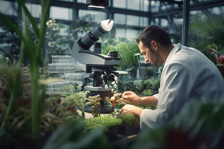 illustration of a scientist conducting a sample microscopy in a greenhouse with Generative AIの素材