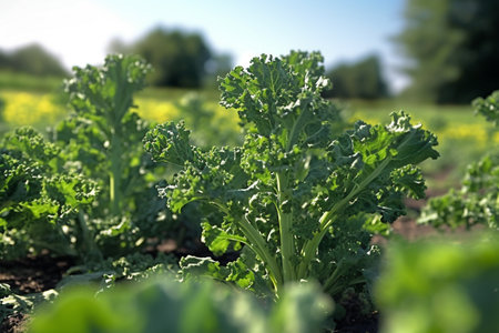 illustration of kale plant growing in a field in the summer sunny day in the countryside with Generative AIの素材