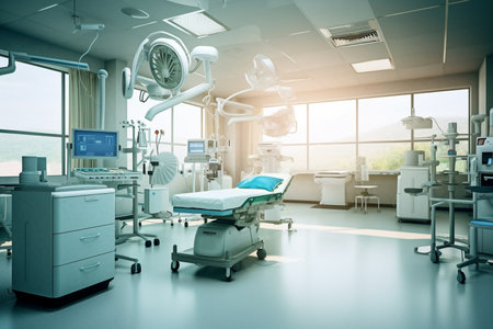 illustration of a room showing medical equipment in an bright hospital operating room with Generative AIの素材