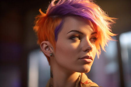 illustration of young woman with short color rainbow hair in violet and orange color with Generative AIの素材