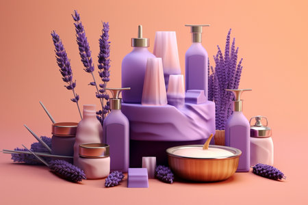illustration of spa products on lavender background in the style of realistic Generative AIの素材