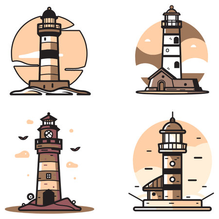 vintage lighthouse logo in flat line art style isolated on backgroundのイラスト素材