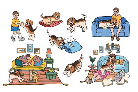 Hand Drawn beagle dog and family collection in flat style illustration for business ideas isolated on backgroundのイラスト素材