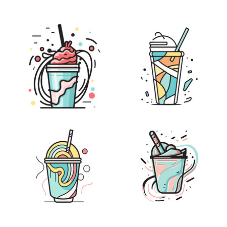 Hand Drawn vintage milkshake logo in flat line art style isolated on backgroundのイラスト素材