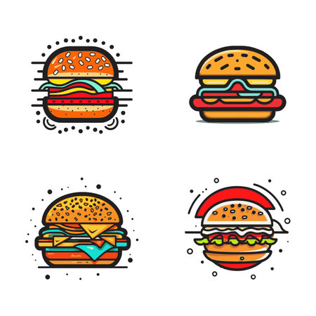 Hand Drawn vintage hamburger logo in flat line art style isolated on backgroundのイラスト素材