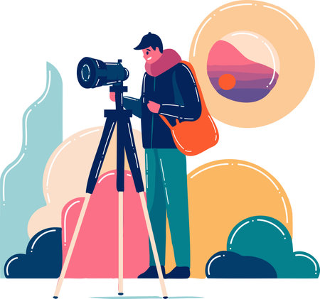 Hand Drawn Cameraman with a camera in flat style isolated on backgroundのイラスト素材