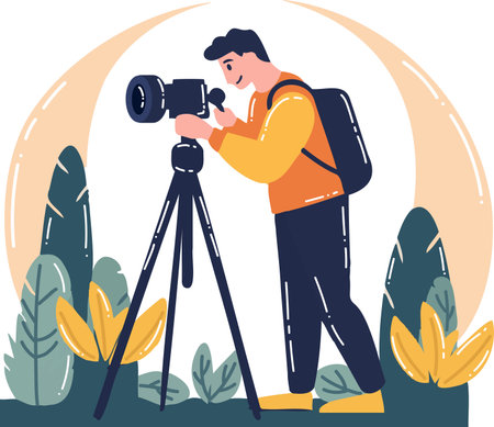 Hand Drawn Cameraman with a camera in flat style isolated on backgroundのイラスト素材