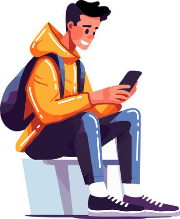 Hand Drawn boy sitting on mobile phone in flat style isolated on backgroundのイラスト素材