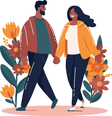 Hand Drawn couple walking holding hands in flat style isolated on backgroundのイラスト素材