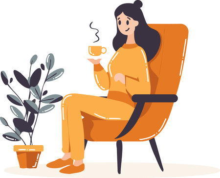 Hand Drawn woman character sitting and drinking coffee in flat style isolated on backgroundのイラスト素材