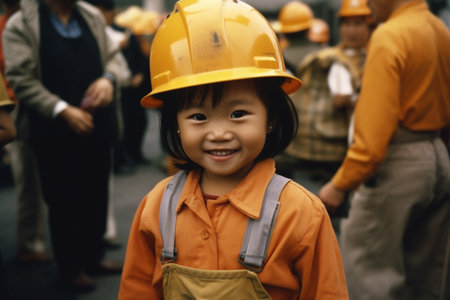 illustration of Happy girl in Construction Worker costume with Generative AIの素材