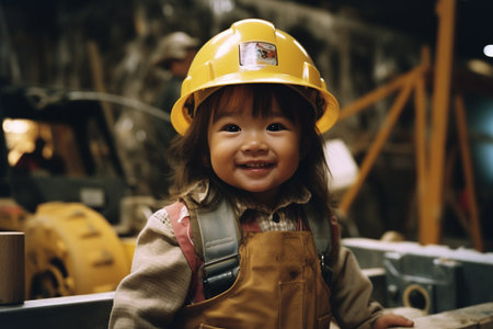 illustration of Happy girl in Construction Worker costume with Generative AIの素材