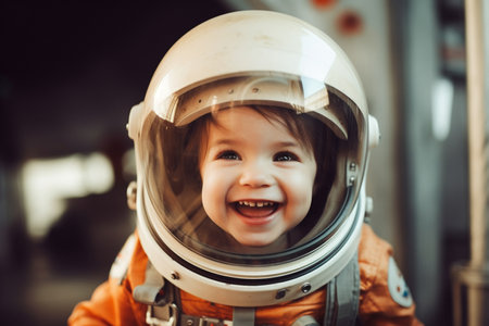 illustration of Happy girl in astronaut costume with Generative AIの素材
