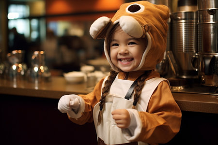 illustration of Happy girl in barista costume with Generative AIの素材