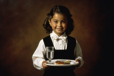illustration of Happy girl in waiter costume with Generative AIの素材