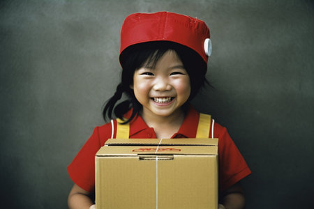 illustration of Happy girl in delivery man costume with Generative AIの素材