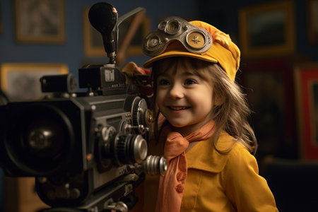 illustration of Happy girl in film director costume with Generative AIの素材