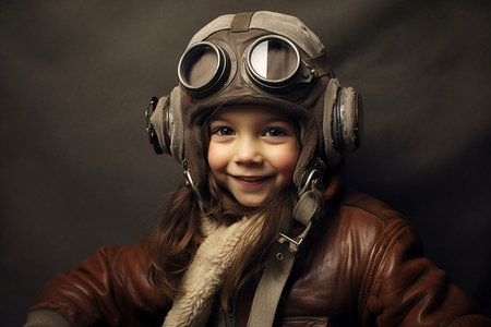 illustration of Happy girl in pilot costume with Generative AIの素材