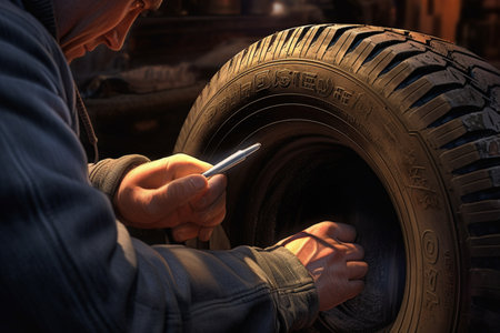 illustration of a mechanic is looking at the tire and writing a note with a pen with Generative AIの素材
