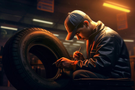 illustration of a mechanic is looking at the tire and writing a note with a pen with Generative AIの素材