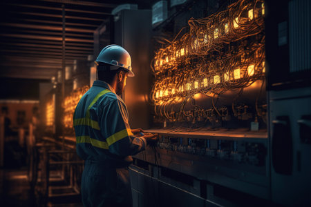 illustration of engineer checking power station with clipboard with Generative AIの素材
