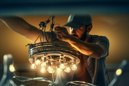 illustration of Electrician man worker installing ceiling lamp in a bright living room with Generative AIの素材