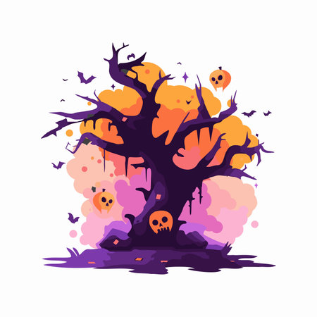Hand Drawn halloween tree in flat style isolated on backgroundのイラスト素材
