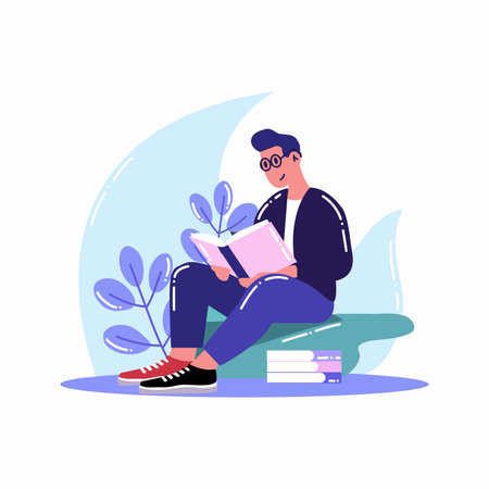 Hand Drawn man sitting and reading a book in flat style isolated on backgroundのイラスト素材