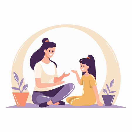 Hand Drawn mother talking to daughter in flat style isolated on backgroundのイラスト素材