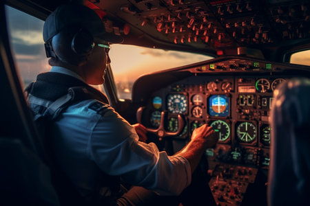 illustration of the cockpit of a plane with a happy man pilot with Generative AIの素材