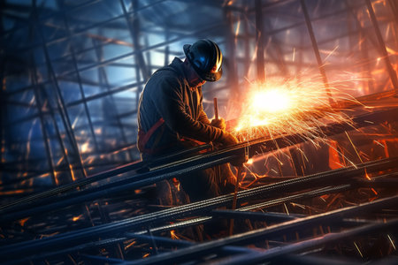 illustration of a worker is constructing structural steel of the construction site with Generative AIの素材