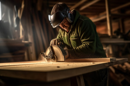illustration of carpenter using a saw on wood in the workshop with Generative AIの素材
