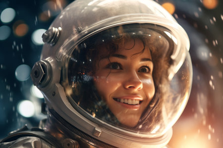 illustration of a happy astronaut woman in space helmet and space theme with Generative AIの素材
