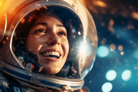 illustration of a happy astronaut woman in space helmet and space theme with Generative AIの素材