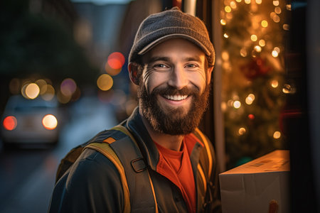 illustration of smiling delivery man is holding a package outside a delivery van with Generative AIの素材