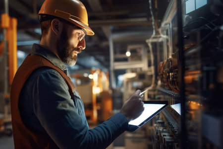 illustration of engineer man using digital tablet in factory with Generative AIの素材