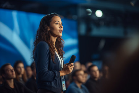 illustration of young woman giving a talk at a conference in a bright stage with Generative AIの素材