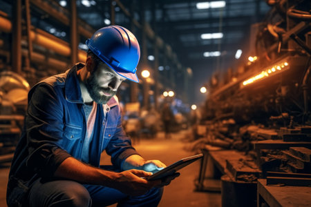 illustration of engineer man using digital tablet in factory with Generative AIの素材