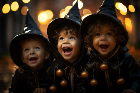 illustration of three little kids in costume celebrating halloween together with Generative AIの素材