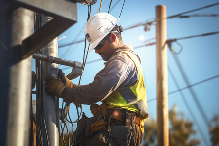 illustration of a electrician fixing power pole with Generative AIの素材