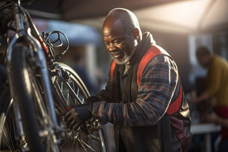 illustration of happy man fixing bicycle on a bicycle rack with Generative AIの素材