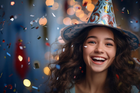 illustration of young beautiful girl smiling in party hat and holding a confetti with Generative AIの素材