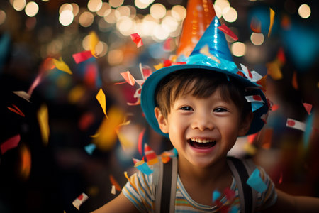 illustration of young boy smiling in party hat and holding a confetti with Generative AIの素材