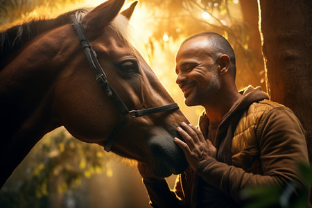 illustration of a young happy man touching a horse with Generative AIの素材