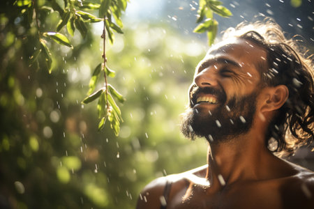 illustration of a happy man is thinning and trimming tree with Generative AIの素材