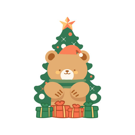 Hand Drawn cute christmas bear in flat style isolated on backgroundのイラスト素材
