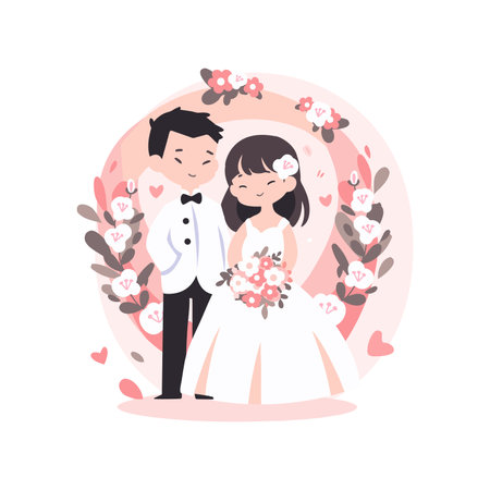 Hand Drawn couple with lovely wedding in flat style isolated on backgroundのイラスト素材